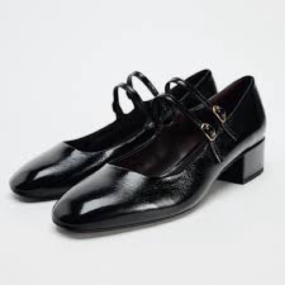 Zara Shoes - Zara black faux patent leather dress shoes block heels double strap women’s 41